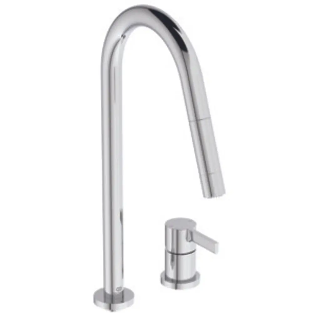 Chromfarbene Küchenarmatur von Ideal Standard mit hohem, gebogenem Auslauf und separatem Bedienhebel zur Wassermischung.
